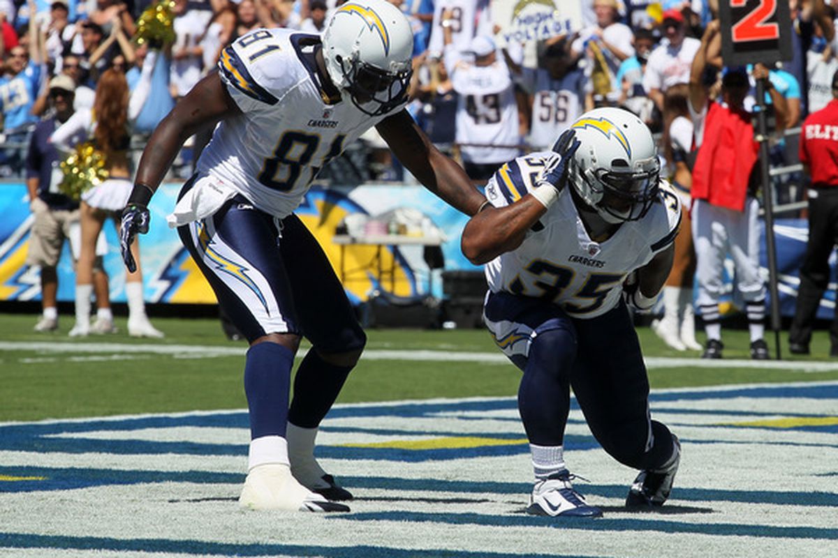 Mike Tolbert and the stanky leg try to signal that the Chargers are back. (Photo by Stephen Dunn/Getty Images)
