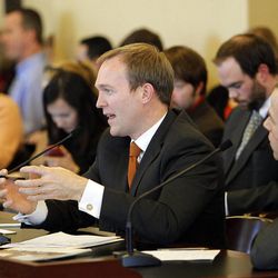 Sen. Ben McAdams, D-Salt Lake, speaks during a committee meeting concerning SB51 which was sponsored by Sen. McAdams, at the Capitol in Salt Lake City, Friday, Feb. 3, 2012.