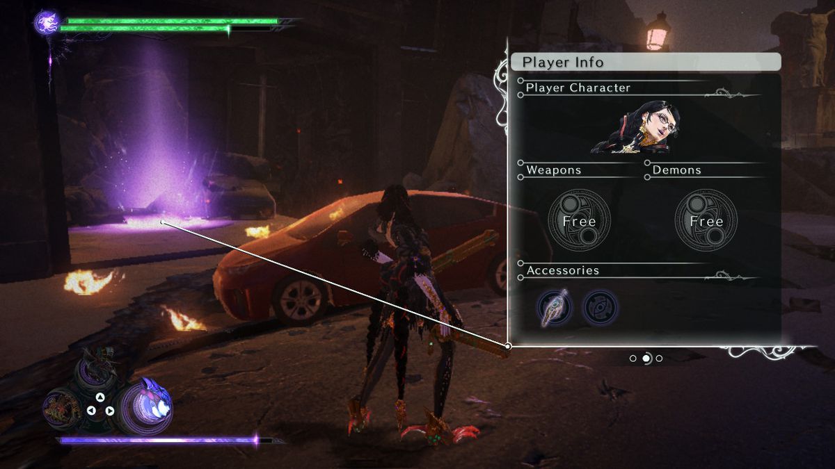 Bayonetta stands near a purple glowing portal that has a “player info” UI coming out of it