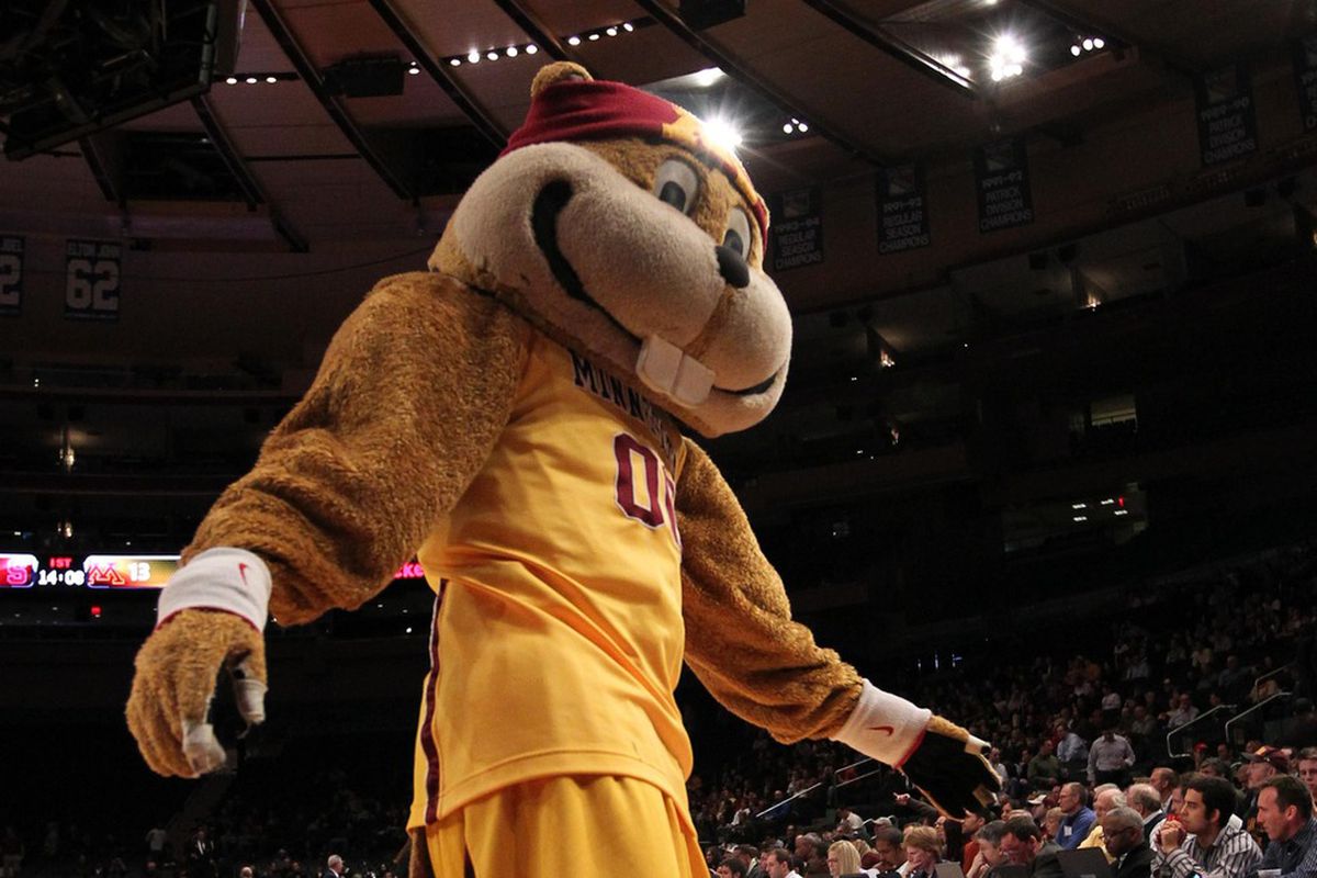 Mar 29, 2012; New York, NY, USA;  Minnesota Golden Gophers mascot performs during the first half of the final round against the Stanford Cardinal at the NIT held at Madison Square Garden.  Mandatory Credit: Anthony Gruppuso-US PRESSWIRE