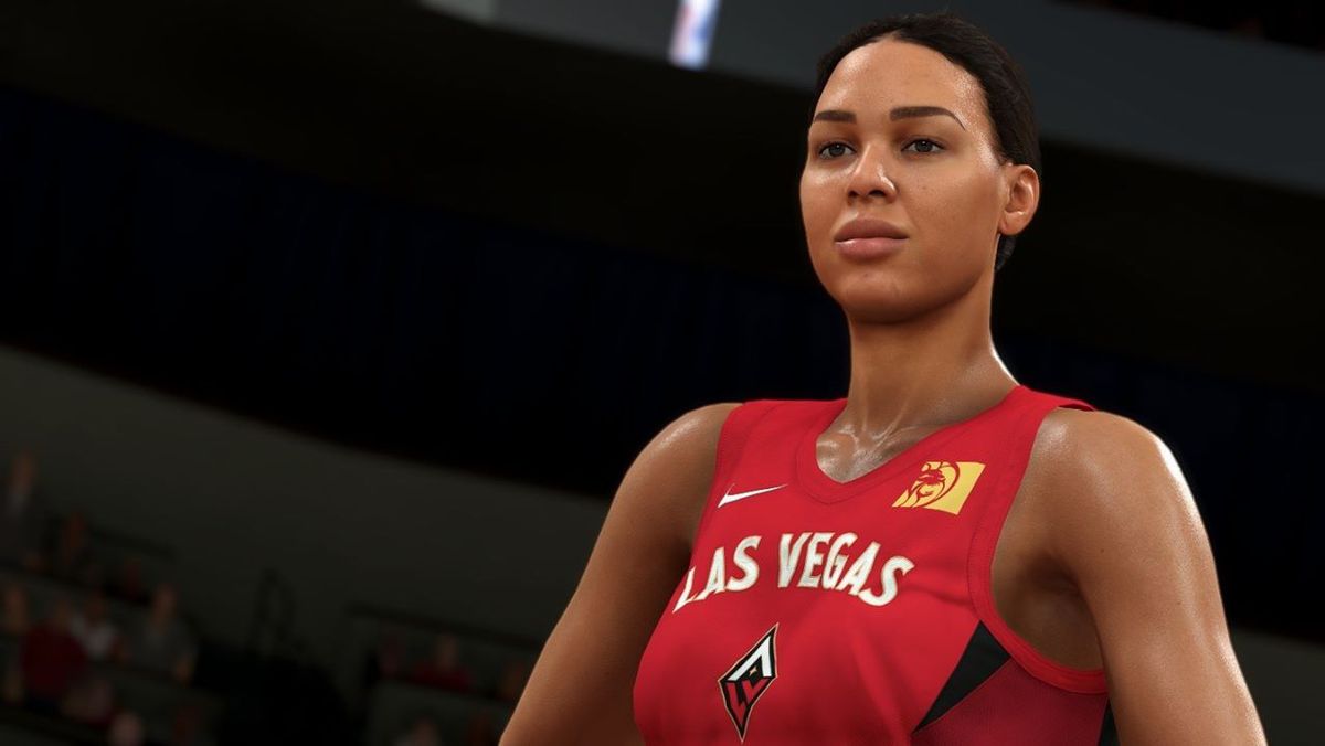 Screenshot of Liz Cambage for Las Vegas, during a break in the action of NBA 2K20
