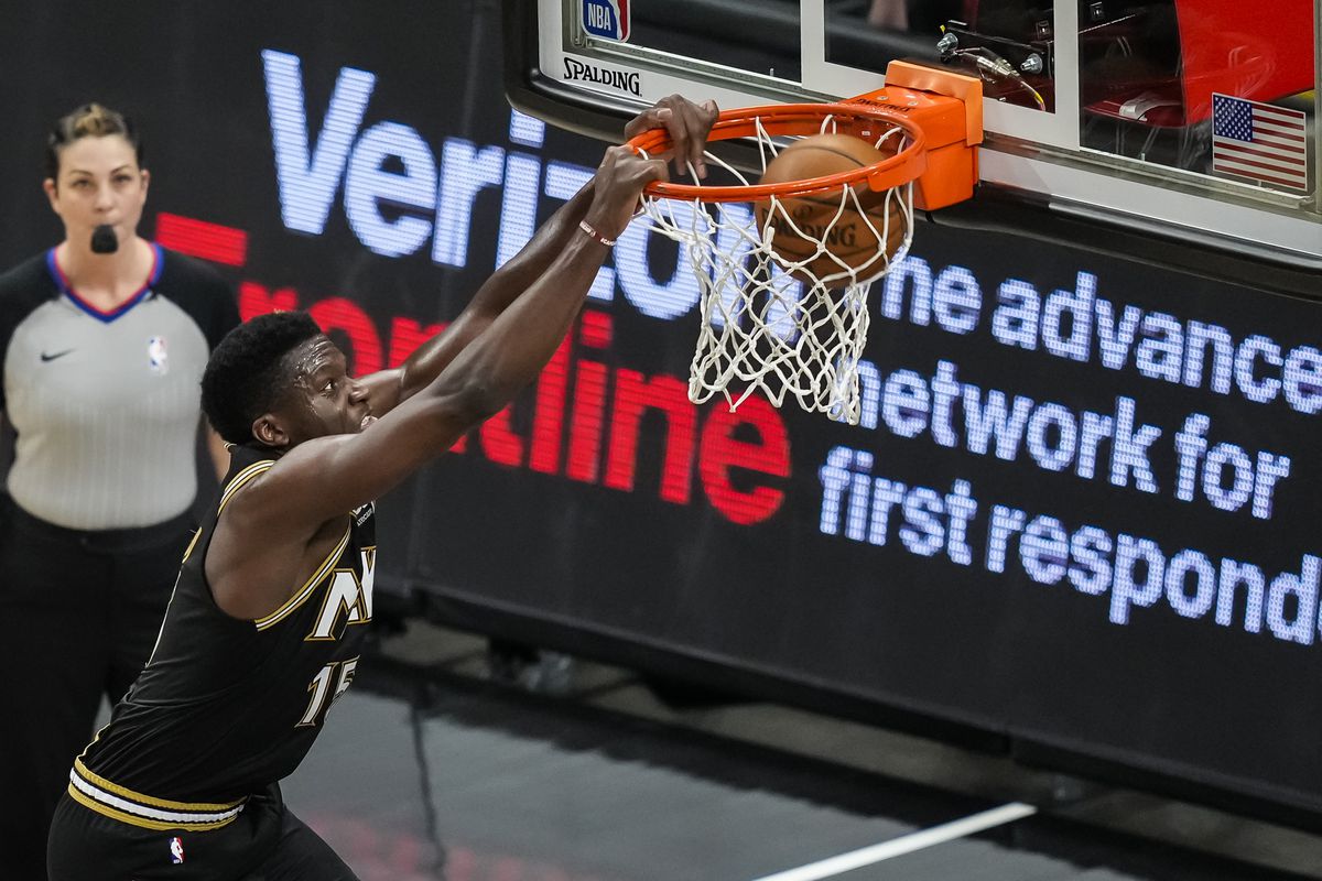 Atlanta Hawks center Clint Capela dunks against the Portland Trail Blazers during the second half at State Farm Arena.&nbsp;