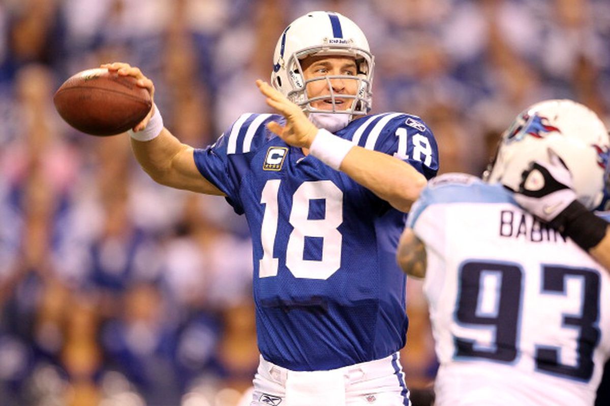 INDIANAPOLIS - JANUARY 02: Peyton Manning #18 of the Indianapolis Colts throws a pass during NFL game against the Tennessee Titans at Lucas Oil Stadium on January 2, 2011 in Indianapolis, Indiana. (Photo by Andy Lyons/Getty Images) 