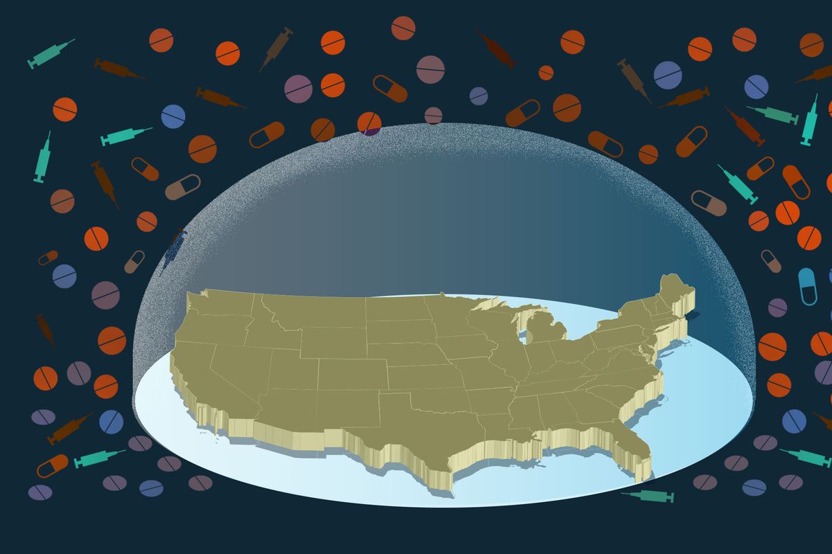 A map of the US surrounded by opioids.