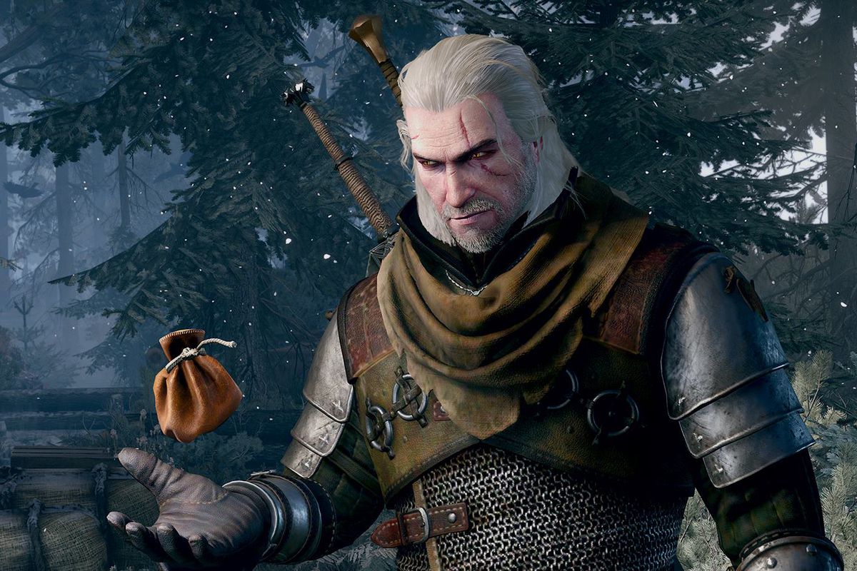 Geralt of Rivia in The Witcher 3: Wild Hunt stands staring at a bag of coins in his hand