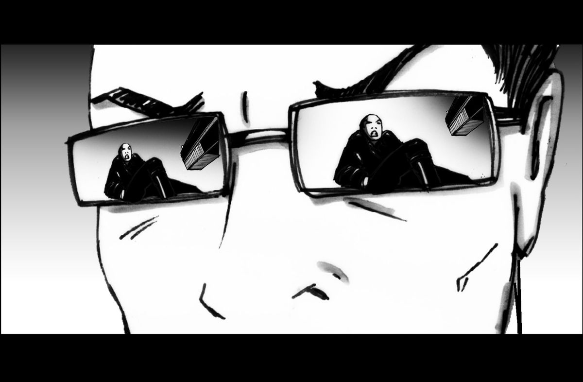 A storyboard drawing for Enter the Matrix depicting a close-up of an Agent’s face, with Ghost reflected in the Agent’s sunglasses