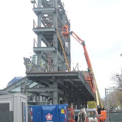 2:00 p.m. Working on the right-field video board structure - 