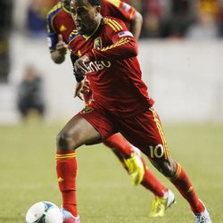 RSL's Robbie Findley races with the ball toward the goal as Real Salt Lake and Chivas USA play Saturday, April 20, 2013 at Rio Tinto Stadium. RSL won 1-0.