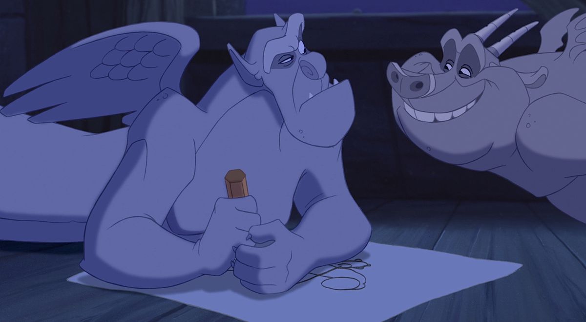 Victor, one of the gargoyles from Disney’s 1996 animated movie The Hunchback of Notre Dame hunches on the ground over a picture he’s drawing and glowers at Hugo, another gargoyle, who’s trying to peek at the drawing with a shit-eating grin on his face