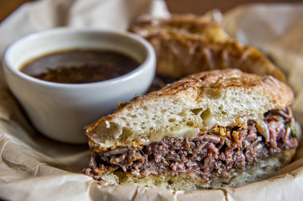 The Frenchie with roast beef, Gruyere, thyme, crispy onions and a side of French onion soup to dip it in.