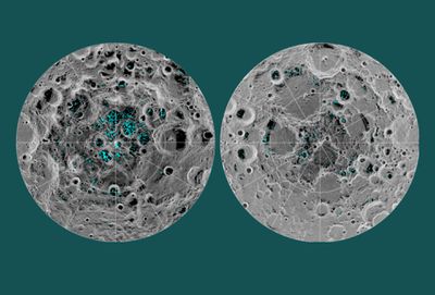 Two images showing the Moon’s north and south poles, with blue dots indicating the distribution of water ice.