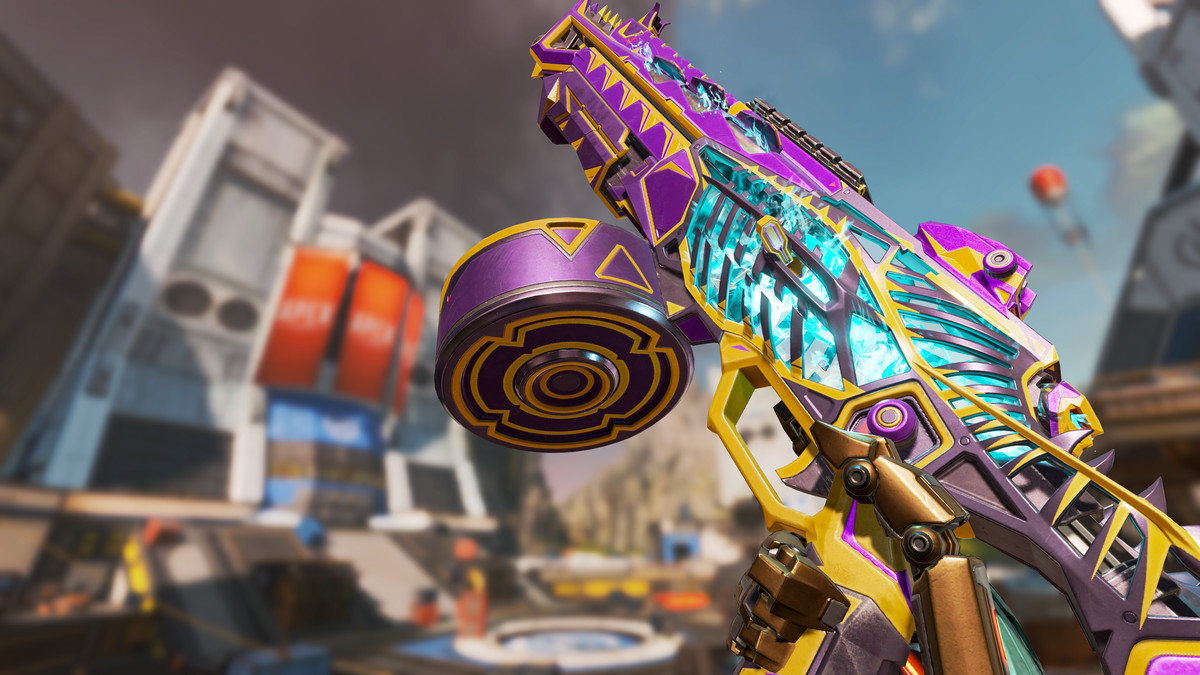 A player brandishes the new EVA-8 rifle in its colorful epic skin, with a blue drum magazine