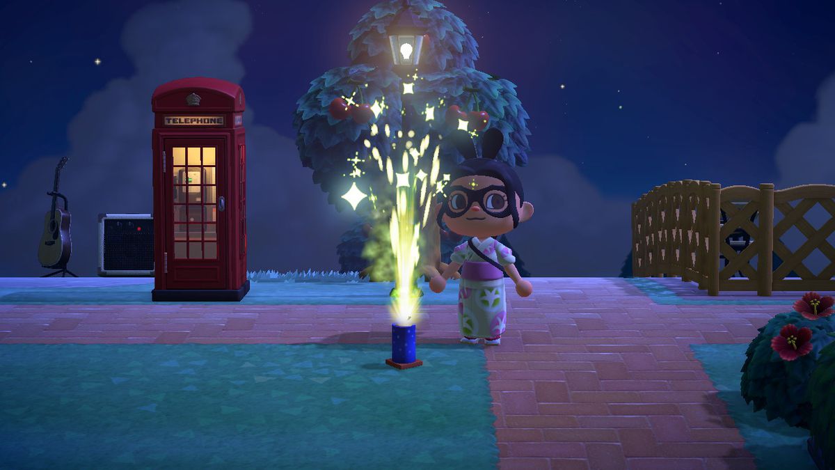 An Animal Crossing character stands behind a Fountain Firework going off