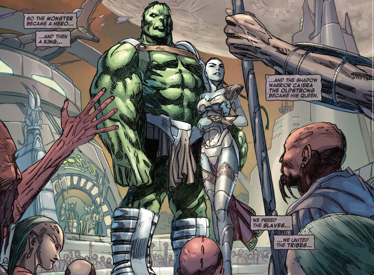 The Hulk and Caiera stand triumphant in front of cheering Sakaarans in Skaar: Son of Hulk #1 (2008). 
