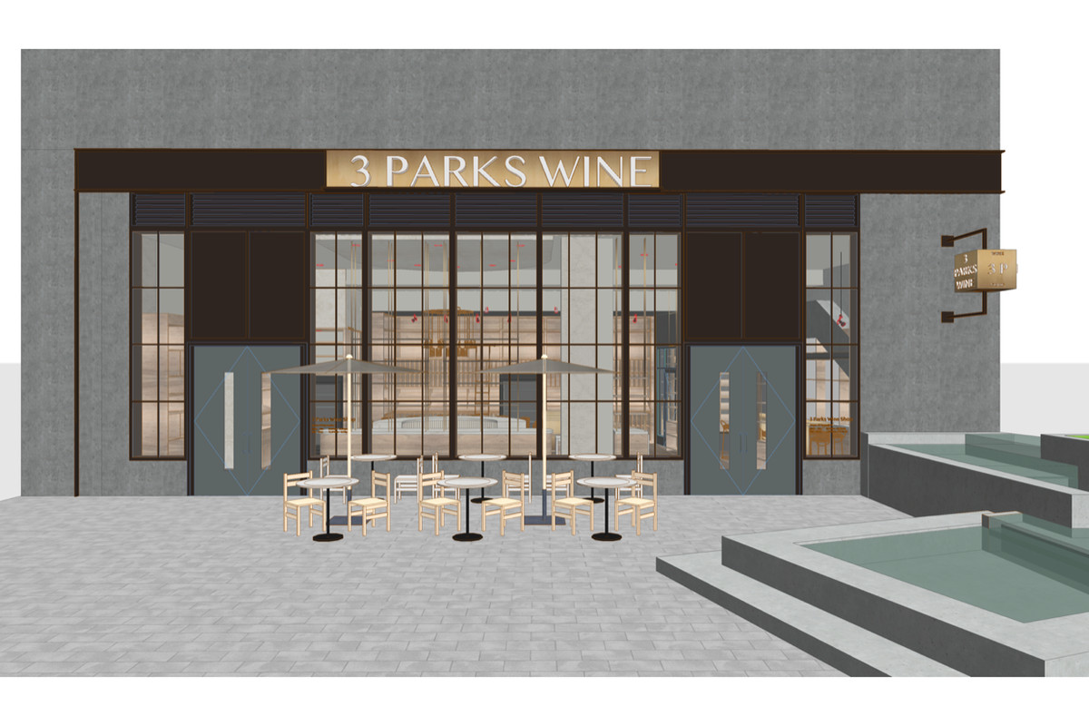 A rendering of the gray exterior of 3 Parks Wine Shop Old Fourth Ward in Atlanta with six round cafe tables and chairs out front.