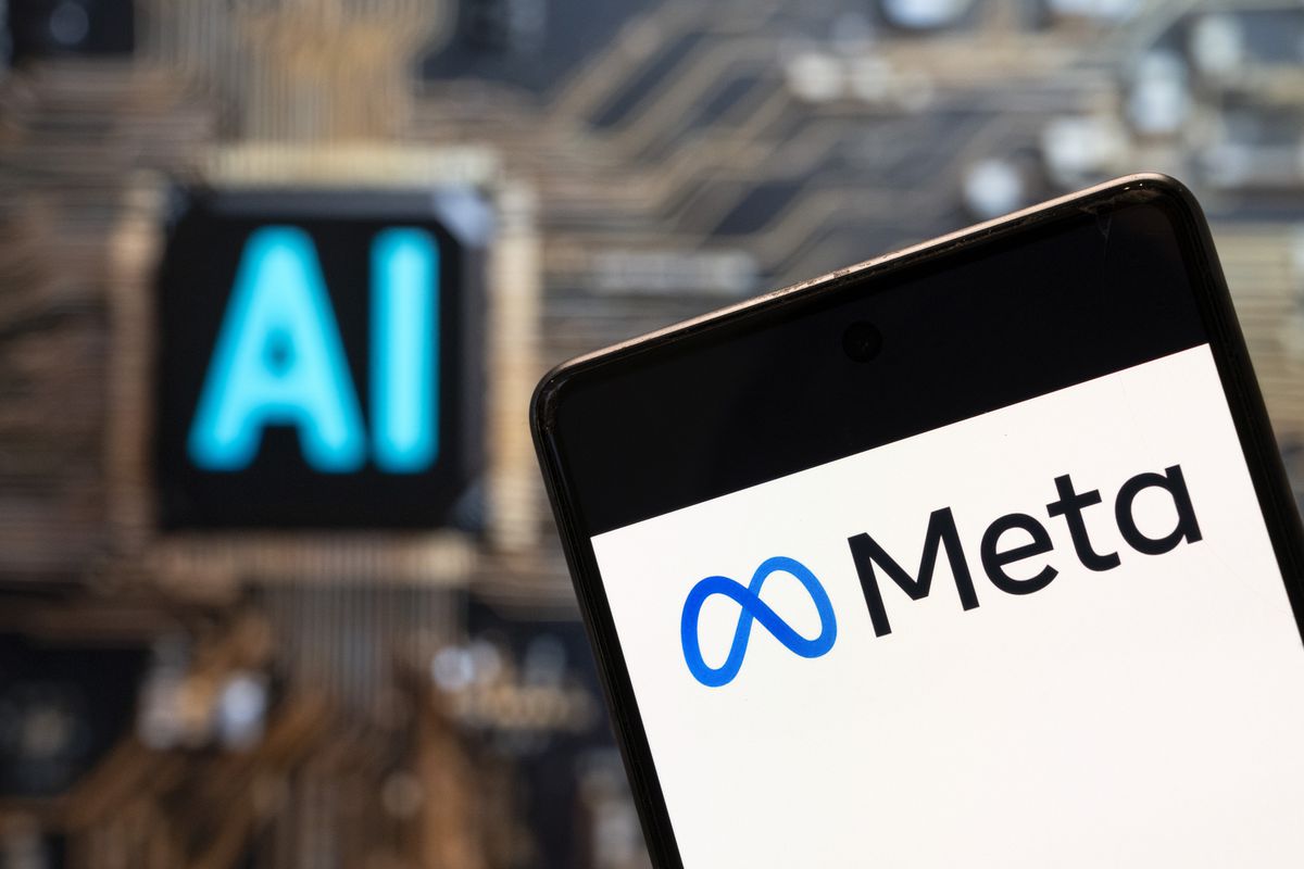 In this photo illustration, the Meta logo is displayed on a smartphone with an Artificial intelligence (AI) chip and symbol in the background. 