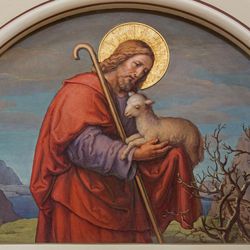 Fresco of Jesus as good shepherd by Josef Kastner 1906 - 1911 in Carmelites church in Dobling, shown in February 2014.