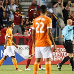 Houston Dynamo midfielder Alex (14) is issued a red card during a match against Real Salt Lake at Rio Tinto Stadium in Sandy on Saturday, Aug. 5, 2017.
