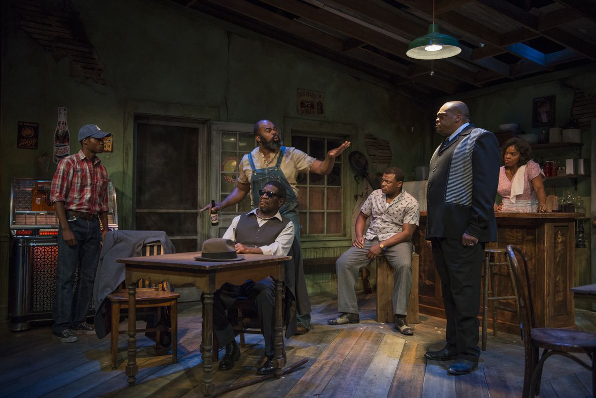 Luce Metrius (from left), Willie B., Antoine Pierre Whitfield, Kelvin Roston, Jr., A.C. Smith and Tyla Abercrumbie in “West Texas Hot Links” at Writers Theatre. (Photo: Michael Brosilow)