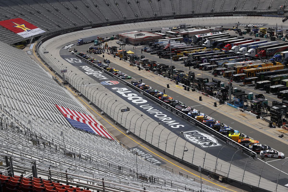 A general view of cars on the grid prior to the NASCAR Cup Series Food City presents the Supermarket Heroes 500 at Bristol Motor Speedway on May 31, 2020 in Bristol, Tennessee.
