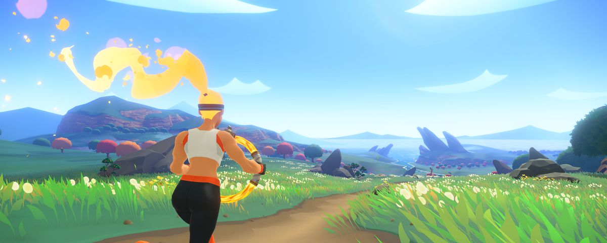Screen image of woman running through a landscape from Nintendo’s Ring Fit Adventure