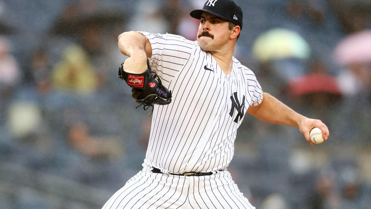 Carlos Rodon of the New York Yankees pitches in the first inning of the game against the Arizona Diamondbacks at Yankee Stadium on September 24, 2023 in the Bronx borough of New York City.