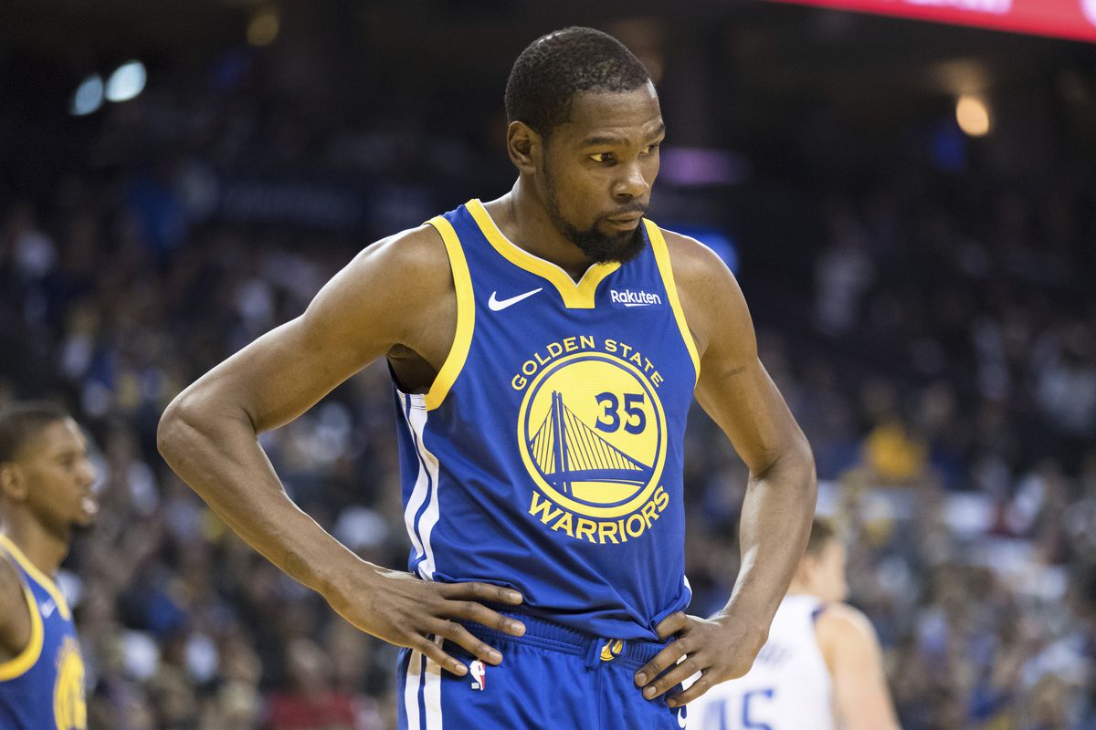 Golden State Warriors forward Kevin Durant reacts in the game against the Dallas Mavericks in the first half of an NBA basketball game March 23, 2019 in Oakland, Calif. His life in youth basketball is the basis for the Apple TV+ drama “Swagger.” | AP Phot