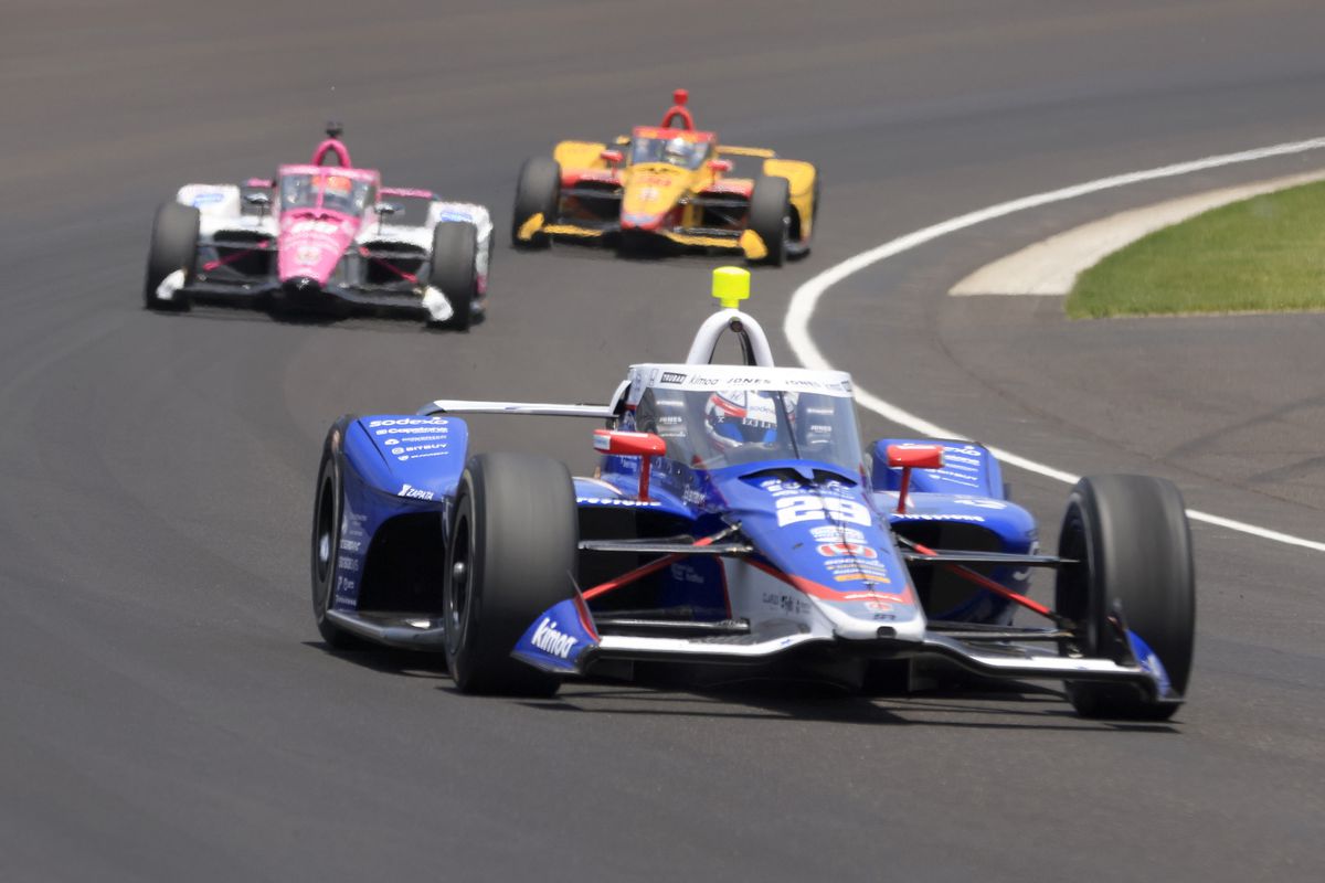 Devlin DeFrancesco, driver of the #29 Andretti Steinbrenner Autosport, drives during practice of the 107th Running of the Indianapolis 500 at Indianapolis Motor Speedway on May 22, 2023 in Indianapolis, Indiana.