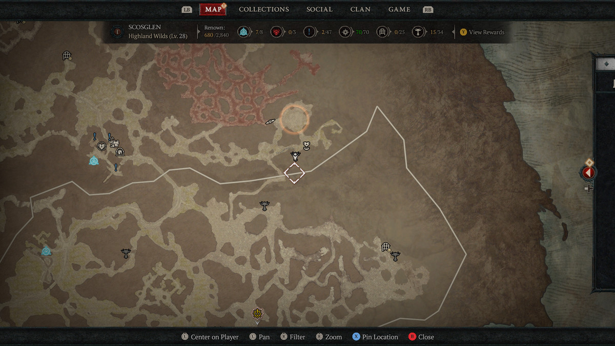 A map of Scosglen in Sanctuary showing the 11th Altar of Lilith in Diablo 4