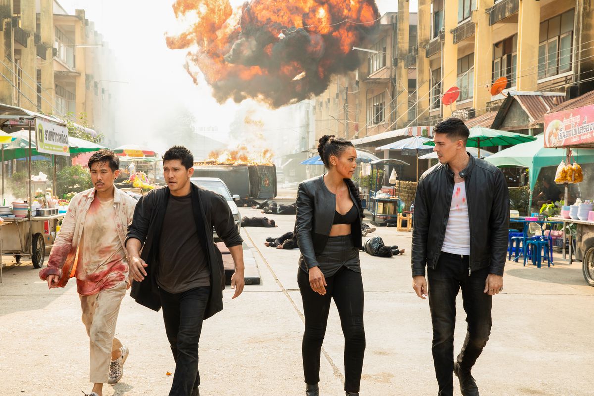 (L to R) Lewis Tan as Lu Xin Lee, Iko Uwais as Kai, Pearl Thusi as Zama, Lawrence Kao as Tommy Wah in Fistful of Vengeance.