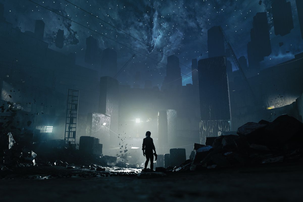 A small female figure holding a gun stands silhouetted against against a large area of concrete blocks, some floating, with a starscape above, in this screenshot from Control