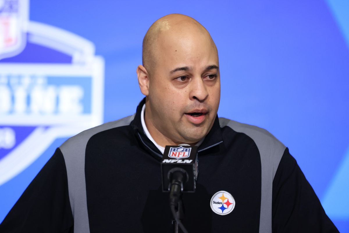 General Manager Omar Khan of the Pittsburgh Steelers speaks to the media during the NFL Combine at Lucas Oil Stadium on February 28, 2023 in Indianapolis, Indiana.