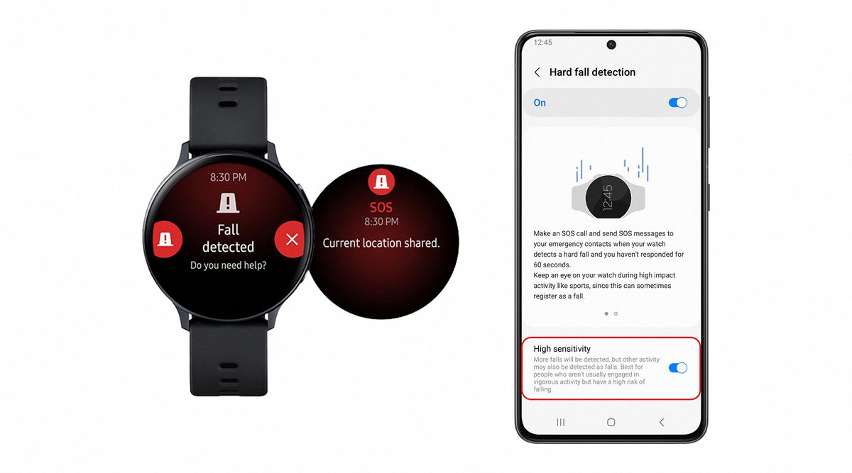 Examples of fall detection feature on Samsung Watch.