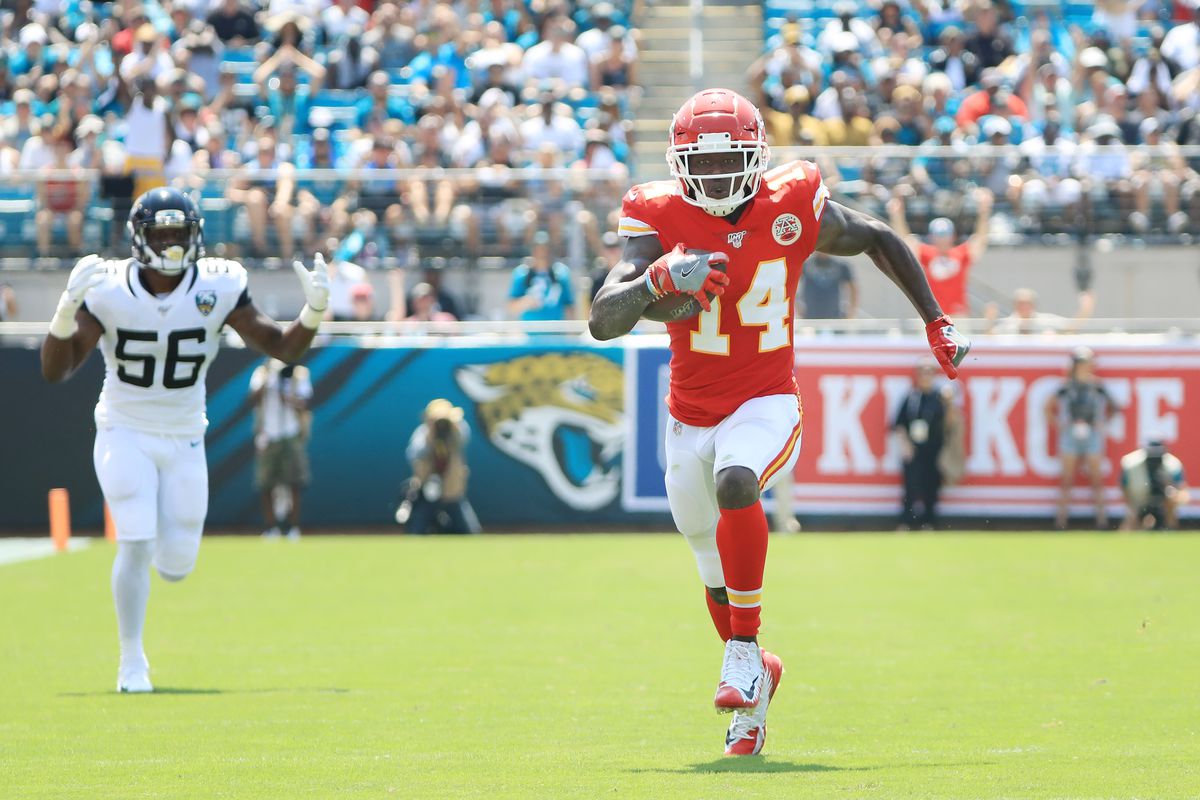 Wide receiver Sammy Watkins of the Kansas City Chiefs runs a pass reception in for a touchdown in the first quarter of the game against the Jacksonville Jaguars at TIAA Bank Field on September 08, 2019 in Jacksonville, Florida.