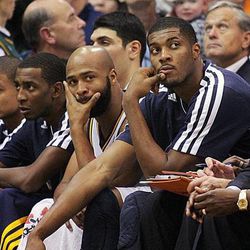 The Jazz Bench as the Utah Jazz and the Memphis Grizzlies play Saturday, Dec., 15, 2012, at Energy Solutions arena. The Jazz lost 99-86. Utah's playoff hopes will be on the line Wednesday night when the Jazz face Memphis.