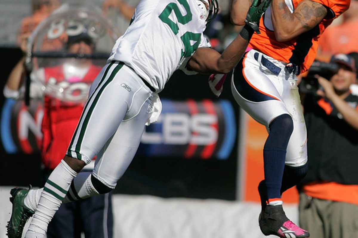 Jabar Gaffney of the Denver Broncos hauls in a reception against Darrelle Revis of the New York Jets at INVESCO Field at Mile High on October 17 2010 in Denver Colorado. (Photo by Justin Edmonds/Getty Images)