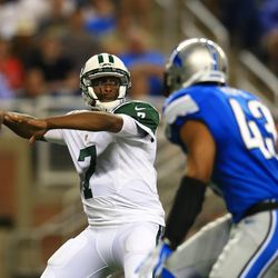 Aug 9, 2013; Detroit, MI, USA; New York Jets quarterback Geno Smith (7) looks to pass in the second quarter of a preseason game against the Detroit Lions at Ford Field.