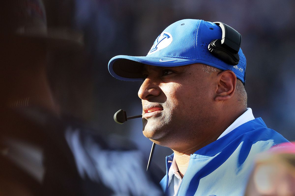 Brigham Young Cougars head coach Kalani Sitake watches as his team is down one point in the fourth quarter of the football game against Northern Illinois in Provo on Saturday, Oct. 27, 2018.