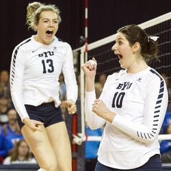 BYU middle hitter Amy Boswell, right, celebrates with outside hitter Danelle Parady-Stetler during an NCAA volleyball playoff game against UNLV in Provo on Saturday, Dec. 3, 2016. BYU swept UNLV 3-0 to advance to the Sweet 16.