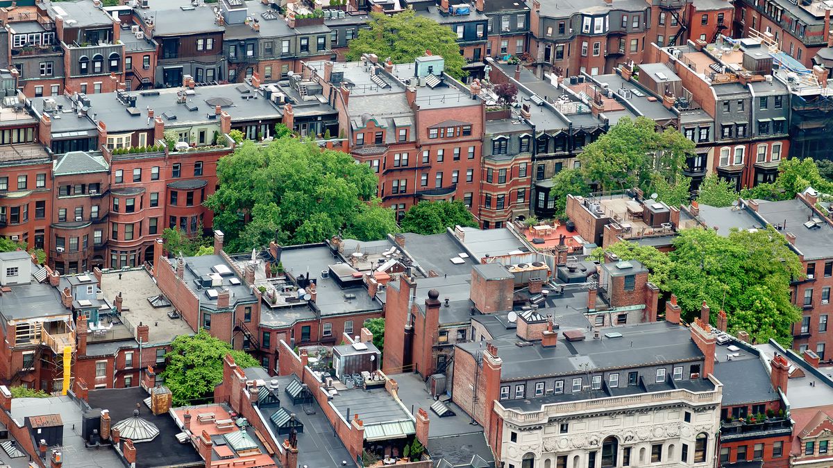 Aerial view of Back Bay brownstone homes in Boston.