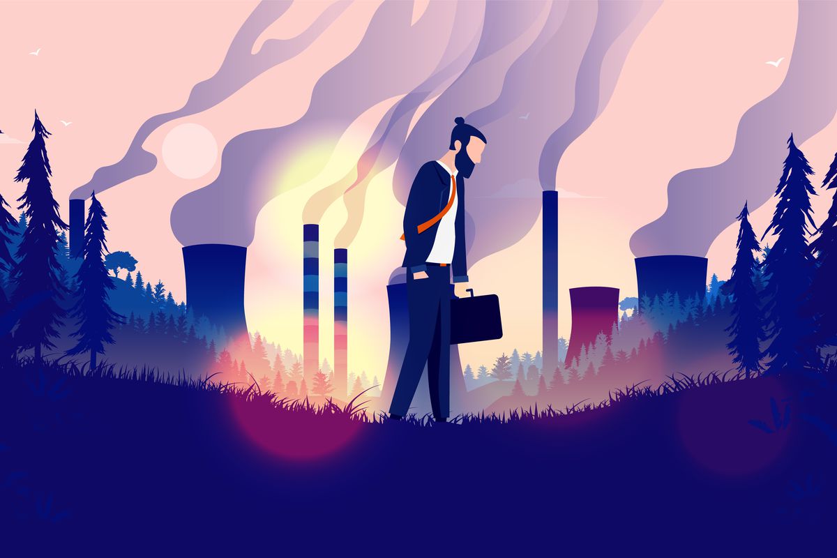 An illustration of a man in a business suit with a briefcase walking in front of a polluted landscape.
