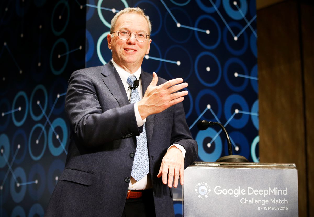 Eric Schmidt speaks during a press conference