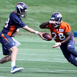 Broncos QB Peyton Manning hands off to RB Montee Ball