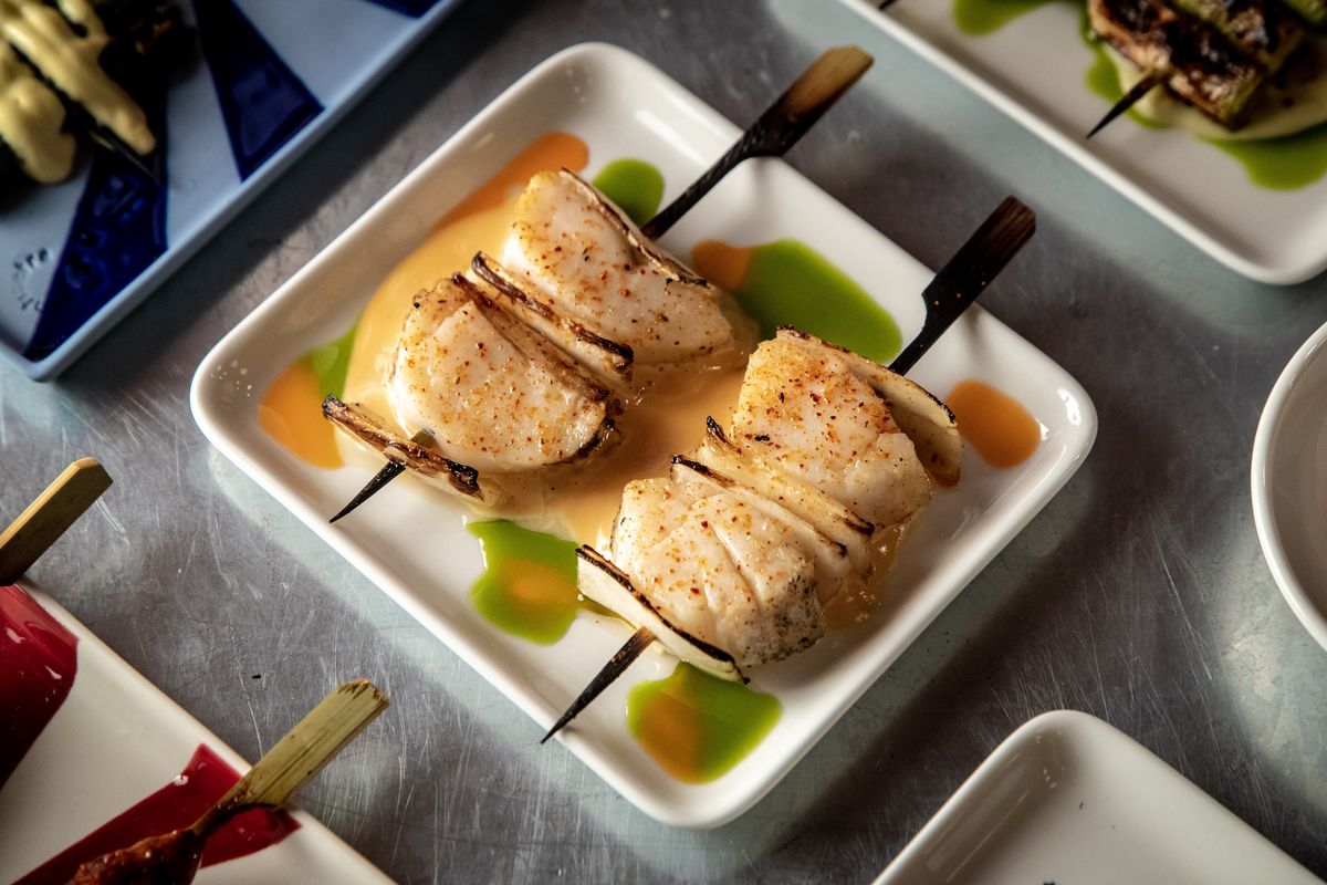 Scallop skewers with sauce maltaise at Maison Yaki