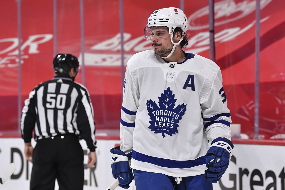 Auston Matthews #34 of the Toronto Maple Leafs reacts against the Montreal Canadiens during the second period in Game Six of the First Round of the 2021 Stanley Cup Playoffs at the Bell Centre on May 29, 2021 in Montreal, Canada.&nbsp;