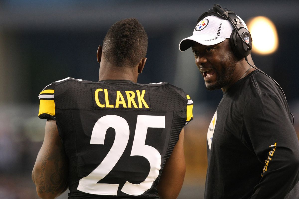 Aug 30, 2012; Pittsburgh , PA, USA; Pittsburgh Steelers head coach Mike Tomlin talks with safety Ryan Clark (25) during the first half against the Carolina Panthers at Heinz Field. Mandatory Credit: Jason Bridge-US PRESSWIRE