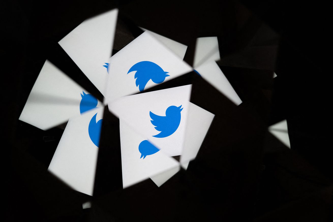 Twitter’s logo, a blue bird, reflected on broken shards of glass.