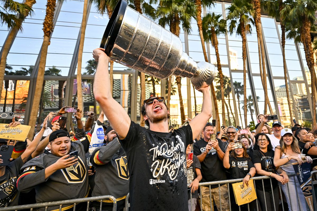 Reilly Smith #19 of the Vegas Golden Knights celebrates with the Stanley Cup during a victory parade and rally on the Las Vegas Strip on June 17, 2023 in Las Vegas, Nevada.