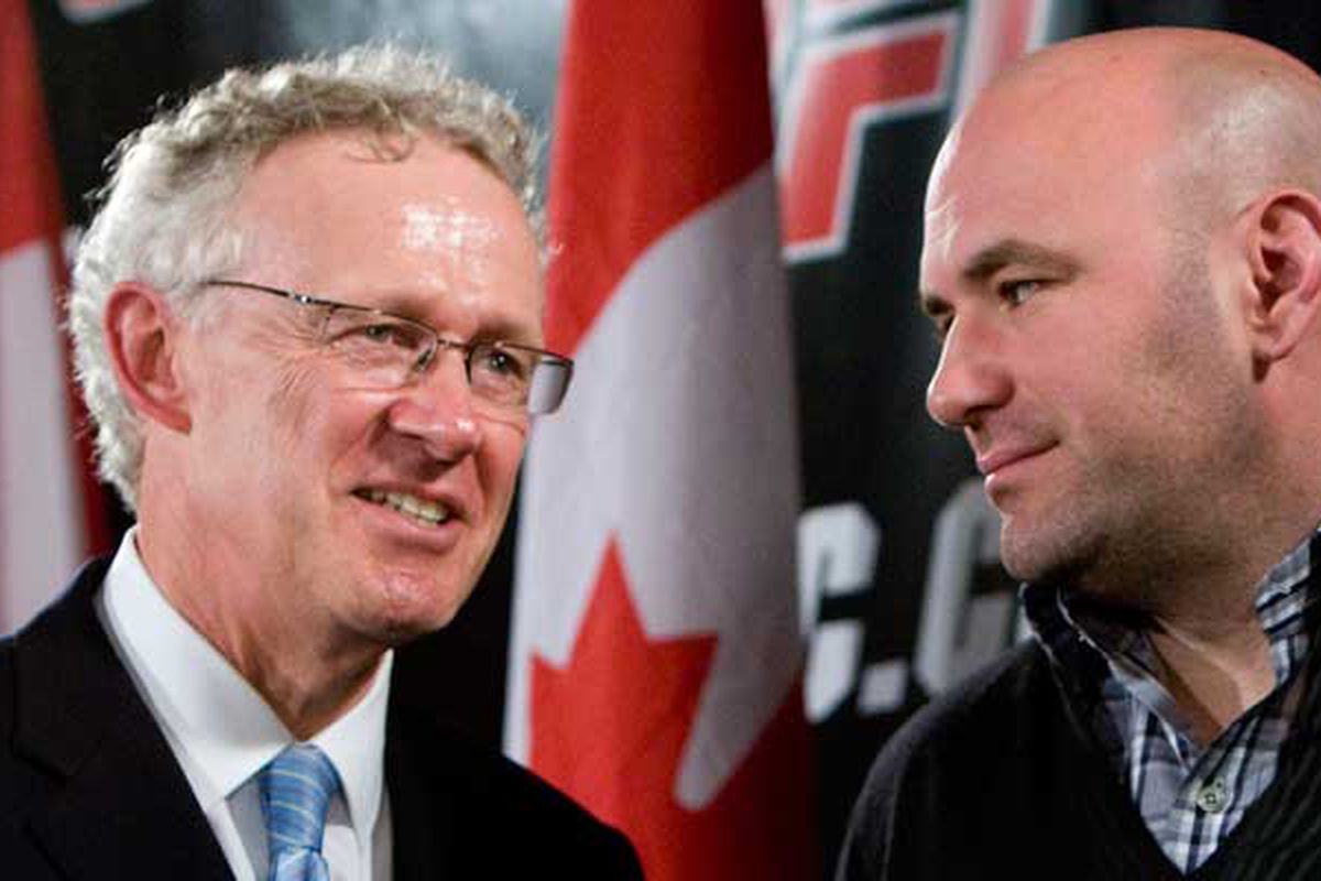 Photo of UFC bigwigs Tom Wright (left) and Dana White courtesy of <a href="http://www.thestarphoenix.com/sports/4140195.bin?size=620x400s">www.thestarphoenix.com</a>.