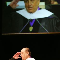 LDS Church President Thomas S. Monson salutes graduates during his address at the Weber State University commencement at the Dee Events Center in Ogden on Friday, April 23, 2010.